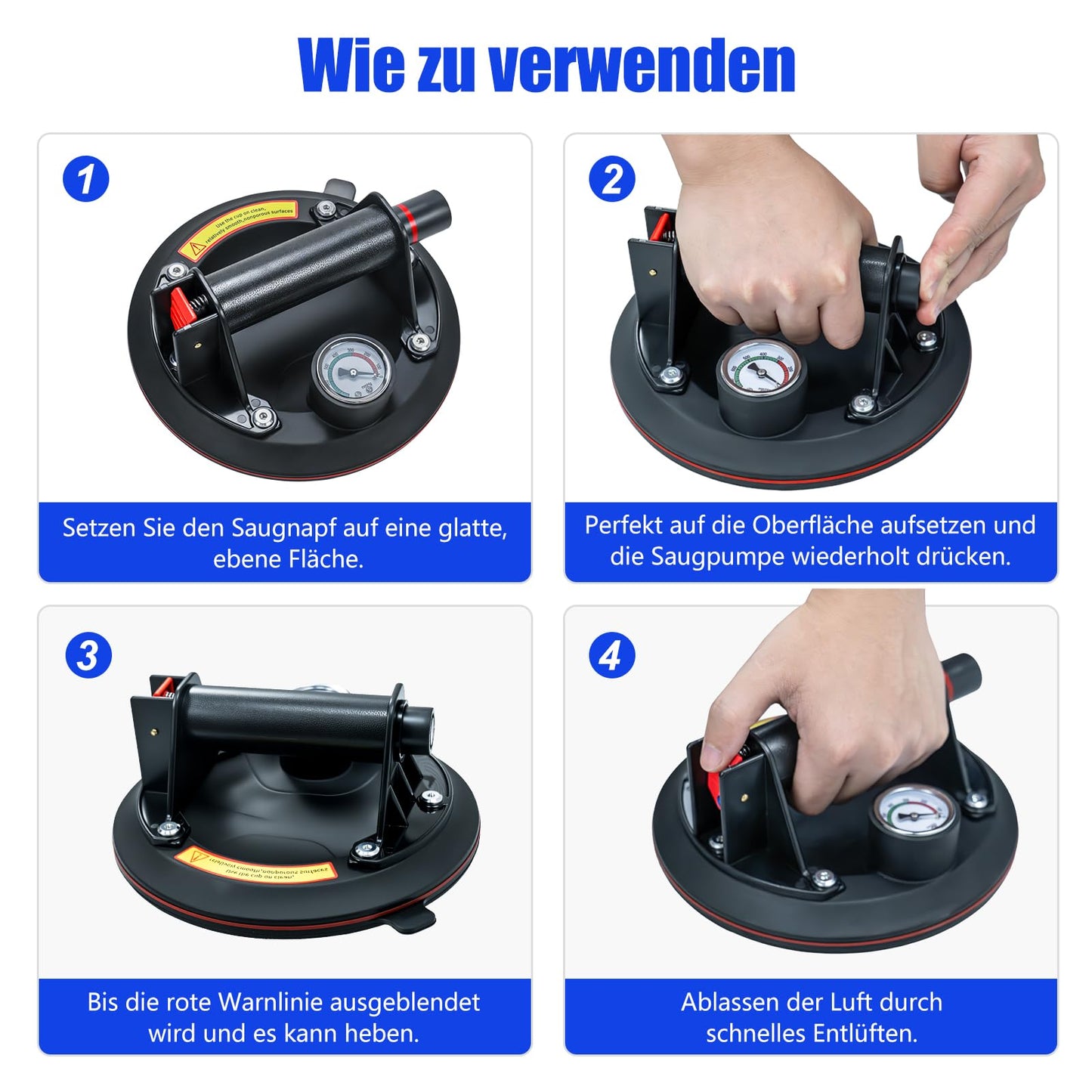 2-piece Vacuum Suction Cup Set with Manometer|Capacity Max.220KG,Vacuum Suction Cup Tile Glass Lifter with Portable Tool Box,Suction Cup for Glass,Tile,Marble