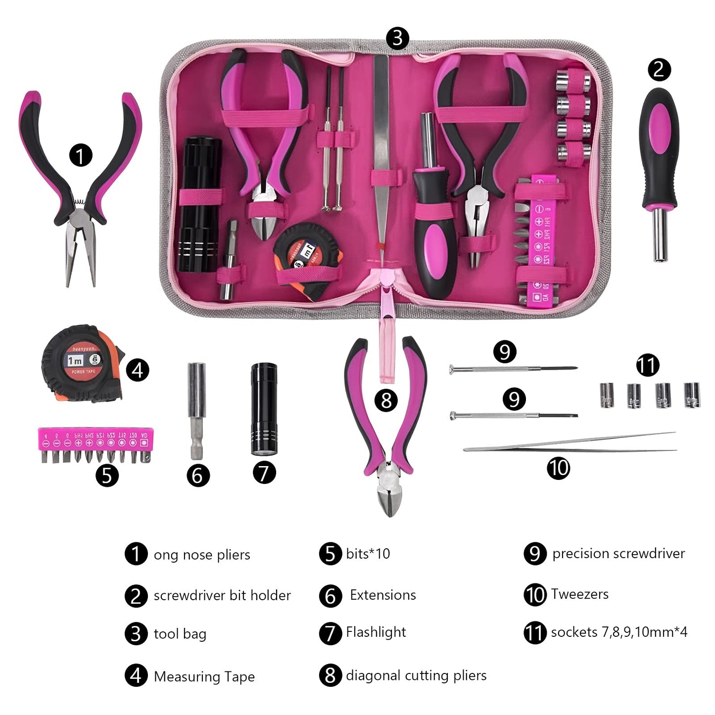 Pink Lady Tool Set with Tool Box 23-Piece Repair Tool Kit with Screwdriver, Bit, Tape Measure, Wire Cutters for Home, Office, Bike