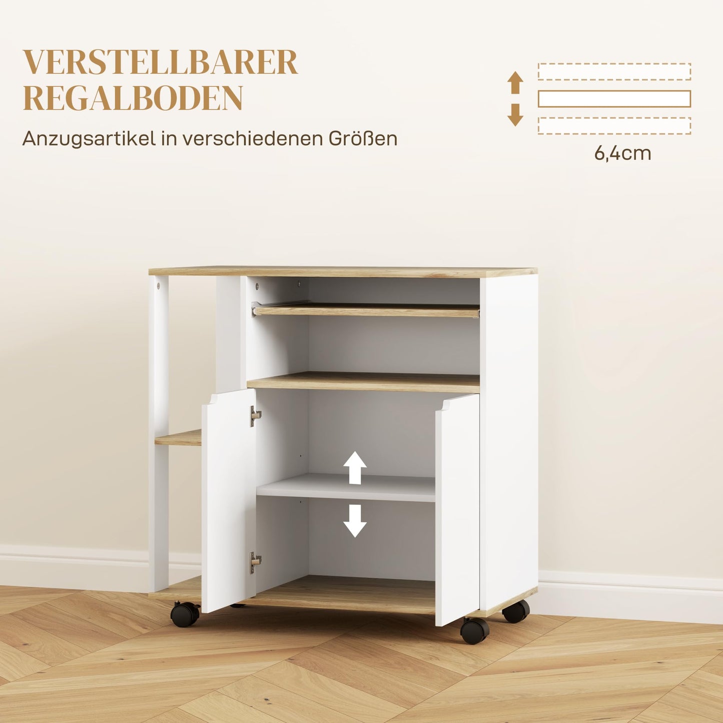 HOMCOM kitchen cart trolley serving cart with handle, adjustable shelves, cabinet, countertop, kitchen shelf on wheels, storage cart for kitchen bathroom office living room White