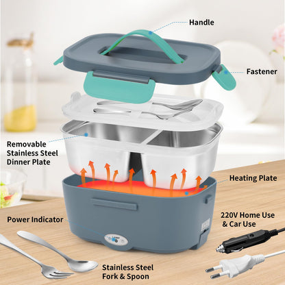 Electric Lunch Box Food Warmer Car 3 In 1 (12V/24V/220V) 1.5L with Fork Spoon 80W Removable Stainless Steel Heating Lunch Box Electric Lunch Box Portable Insulated Container for Truck Home Camping