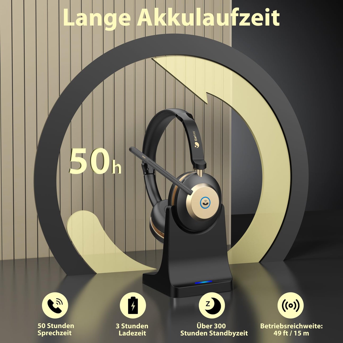 Earbay Wireless headset, Bluetooth headset with microphone noise cancellation & USB dongle, wireless with microphone mute & charging dock for computer/office/phone/call center/home/office