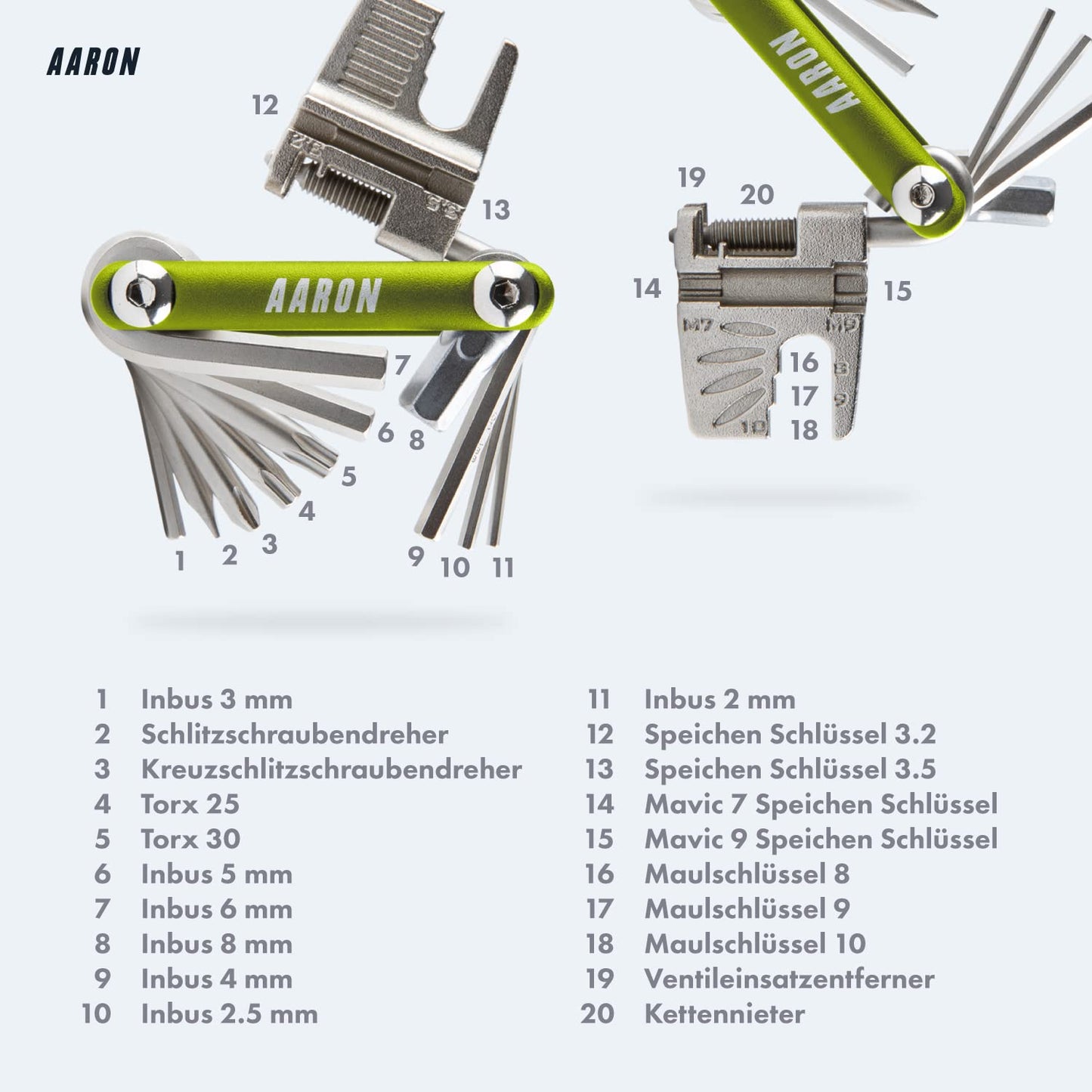 AARON Tool 20 in 1 Multitool - Bike multi-tool made of stainless steel/aluminum - foldable mini bike tool with many functions - practical green bike tool.