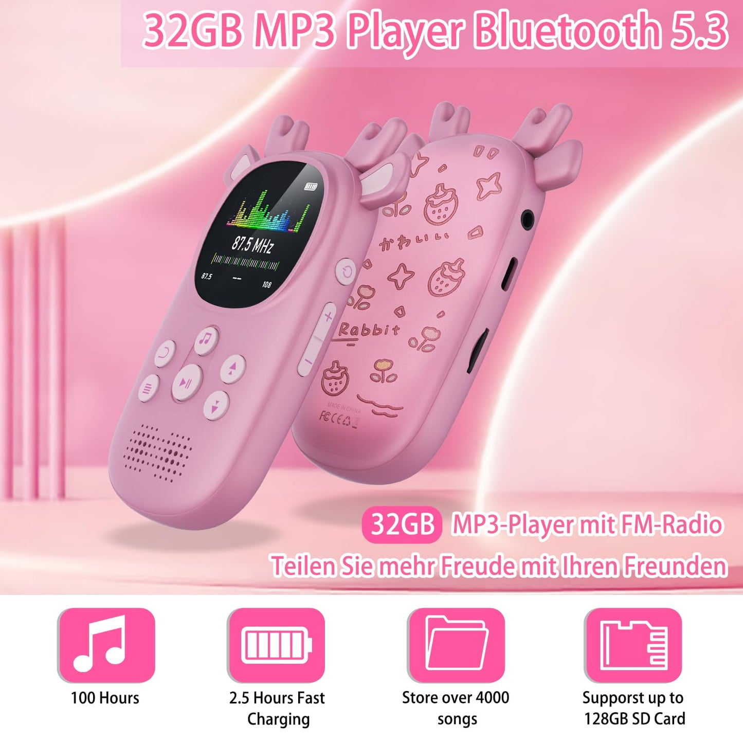 CCHKFEI 32GB MP3 Player Kids Bluetooth 5.3 Music Player, Bluetooth MP3 Player with Headphones & Speaker with FM Radio, Support One-Button Playback Recordings, Pedometer, Stopwatch