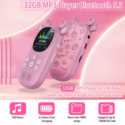 CCHKFEI 32GB MP3 Player Kids Bluetooth 5.3 Music Player, Bluetooth MP3 Player with Headphones & Speaker with FM Radio, Support One-Button Playback Recordings, Pedometer, Stopwatch