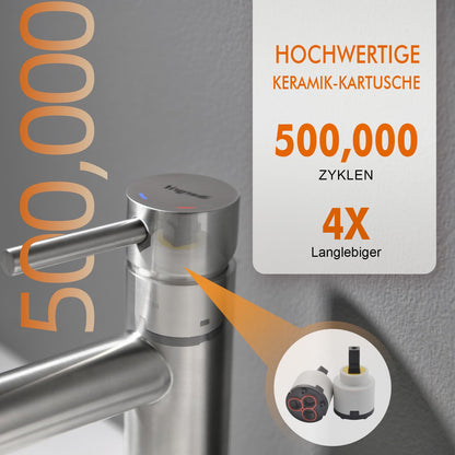 Ibergrif bathroom faucet, stainless steel single lever mixer tap for hot and cold water, drip-free and water-saving, 98mm spout height, grey bathroom fixture M11103.