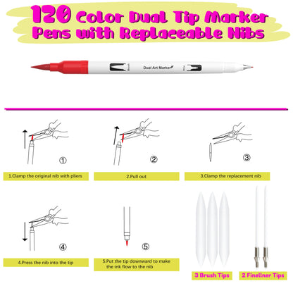 Halobios 120 Colors Dual Brush Pen Set, felt tip pens for kids and adults, coloring books, sketching, drawing, calligraphy, greeting cards - gift set