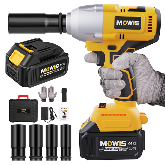Mowis 700N.m professional 21V cordless impact wrench with 4.0Ah battery, 4800 RPM brushless motor, 3 variable speeds, 4 sockets for automotive and household use.