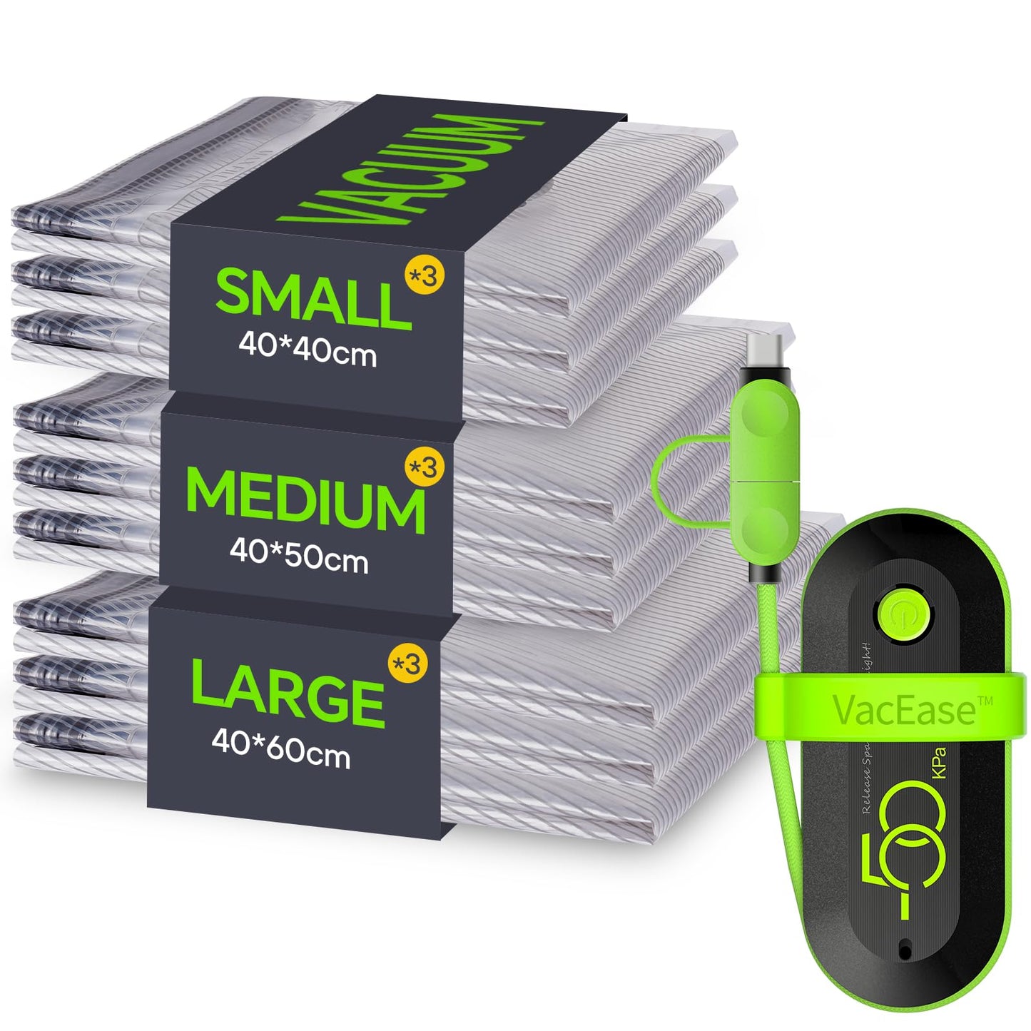 Vacbird Vacuum Bags for Clothes with Electric Pump, 9 Pack (3x 40x40, 3x 40x50, 3x 40x60), Space Saving Vacuum Storage Bags for Clothing Ideal for Travel, Bedding, Moving, Daily Storage.