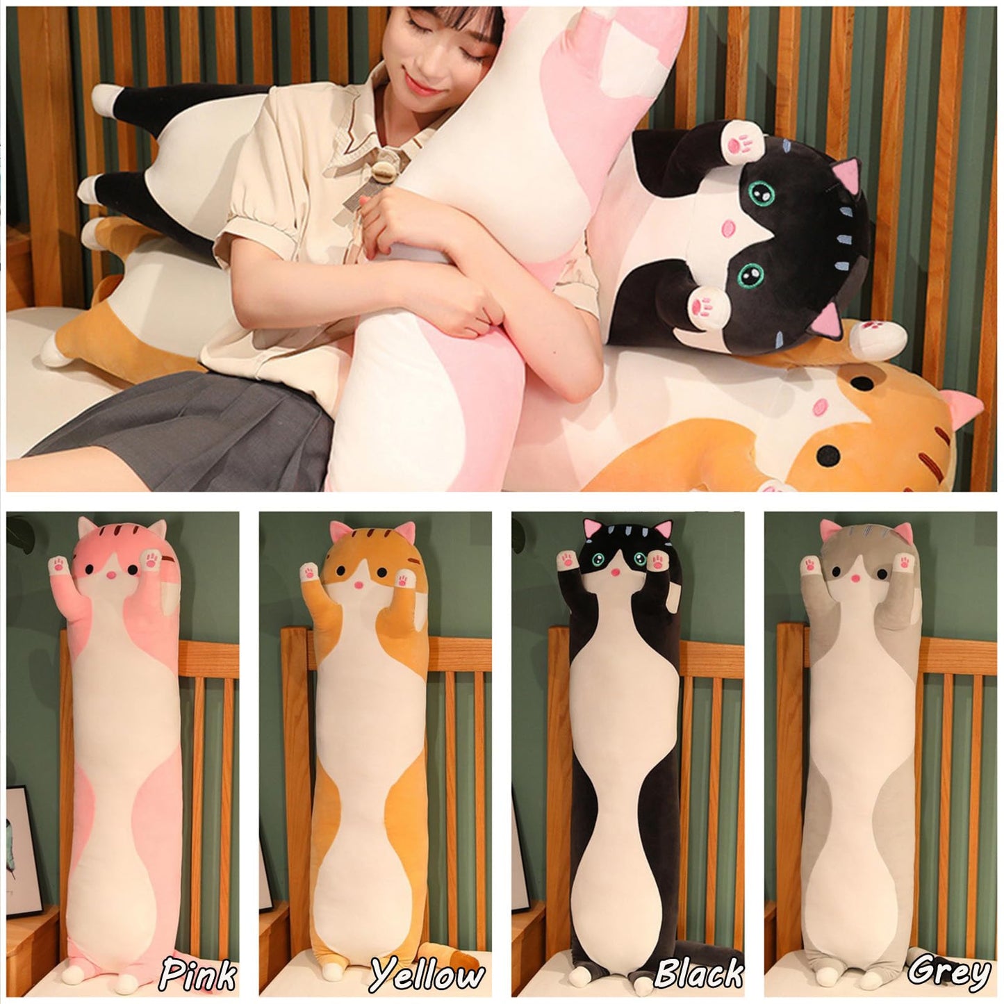 Aiuidun Long Cat Plush Toy Stuffed Animals Cat Plush Pillow Cute Kitten Plush Toy Sleep Pillow, Soft Long Cat Cuddle Pillow Gift for Kids Girlfriend (110cm/43.3inch, Yellow)
