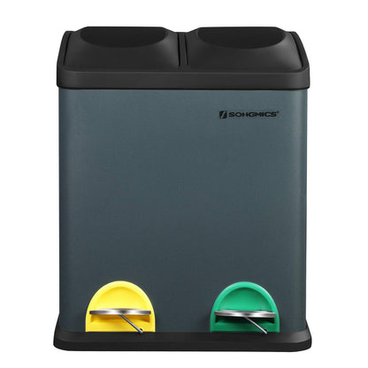 SONGMICS trash can 30 liters, waste separation, 2 x 15 liters, garbage can, step trash can with inner bins, colored pedals, waste recycling system for the kitchen, smoke gray-black LTB30G
