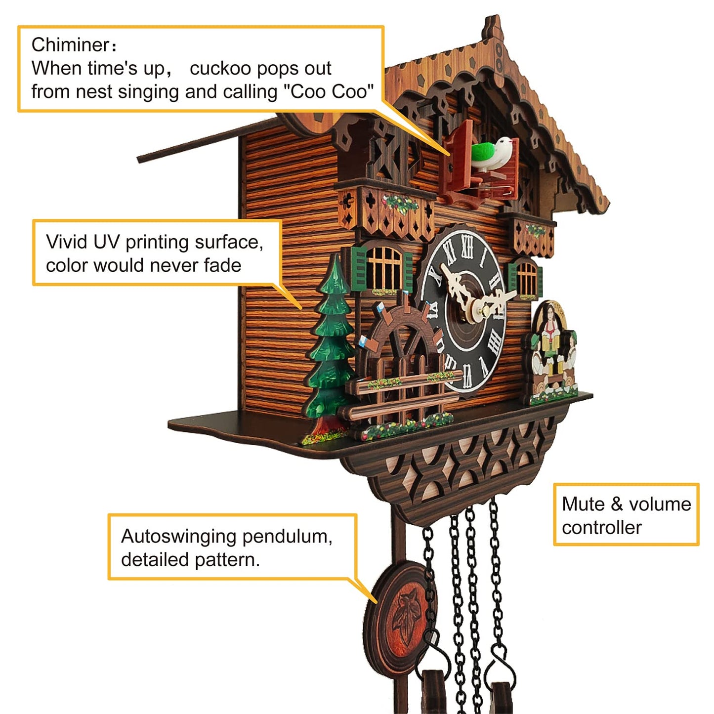 PIAOPIAO Cuckoo Clock, Black Forest Cuckoo Clocks Carved, Wooden House Scene Cuckoo Clock, Original with Cuckoo Call, Suitable for Living Room Bedroom Kitchen Restaurant Café Hotel Decoration