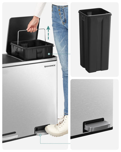 SONGMICS Trash Can, Waste Bin, Recycling System with 2 Compartments, Step Trash Can for Kitchen, 2 x 24L, Softclose, Plastic Inner Buckets, with Foot Pedals and Handles, Silver LTB48NL