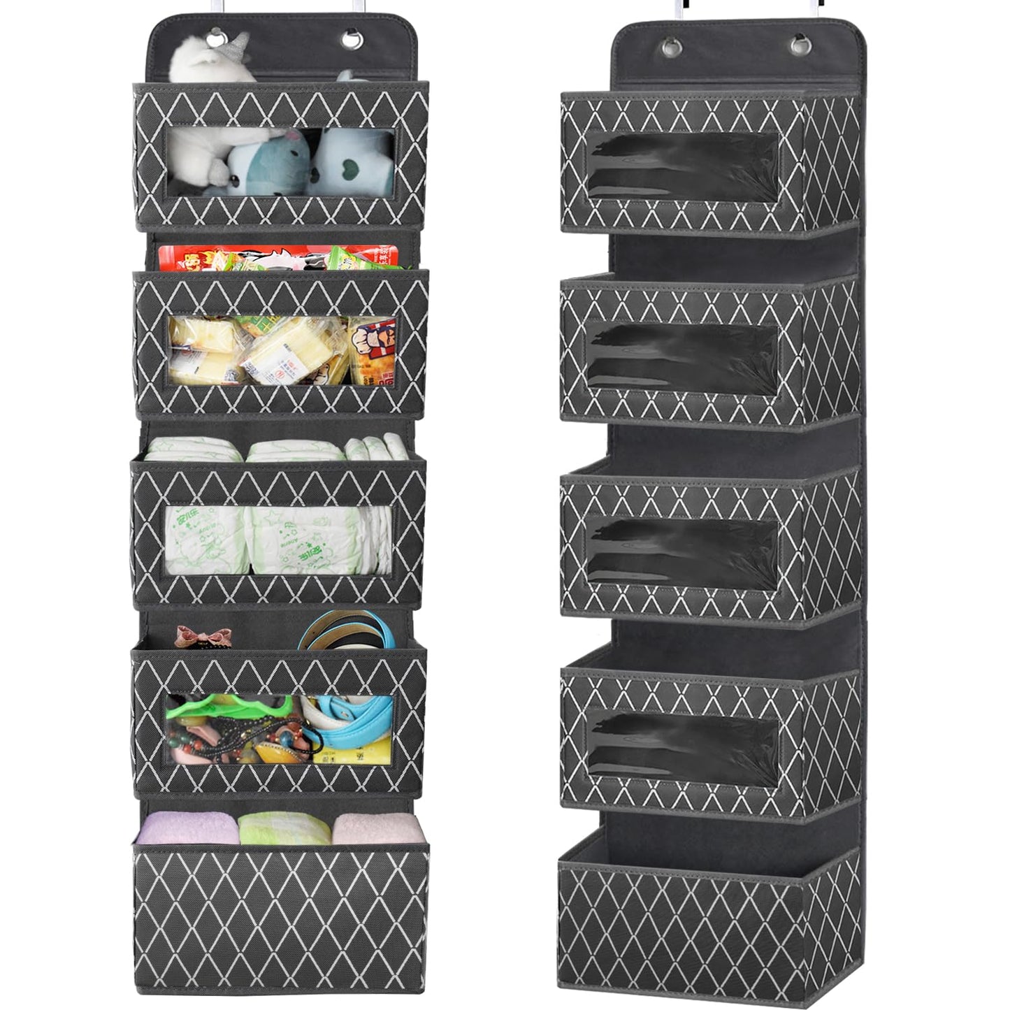 VERONLY Hanging Organizer Door Organizer Hanging Bathroom, Hanging Storage with 5 Large Pockets with Window and 2 Metal Hooks, Hanging Shelf for Nursery Bedroom Office Bathroom