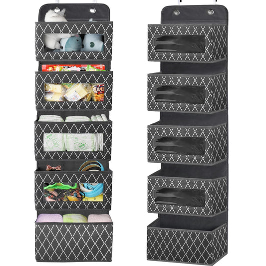 VERONLY Hanging Organizer Door Organizer Hanging Bathroom, Hanging Storage with 5 Large Pockets with Window and 2 Metal Hooks, Hanging Shelf for Nursery Bedroom Office Bathroom