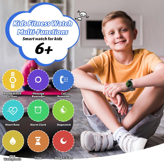 Kids Smartwatch for Boys Girls, Activity Tracker Watch IP68 Waterproof, 19 Sport Modes, Heart Rate Sleep Monitor, Pedometer, Children's Gifts for Teens from 5 Years Old (Black)