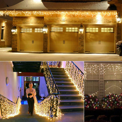 BrizLabs 240 LED Christmas Lights Outdoor Icicle Lights Warm White Curtain Lights Christmas Decorations 8 Modes Indoor Icicle String Lights Curtain for Party, Wedding, Garden