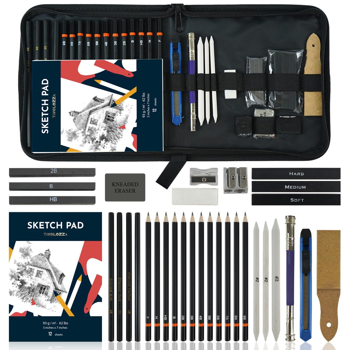Palette Art Supplies 34-piece sketching pencils and drawing set in a carry bag - Includes pencils, charcoal pencils, erasers, and more accessories.