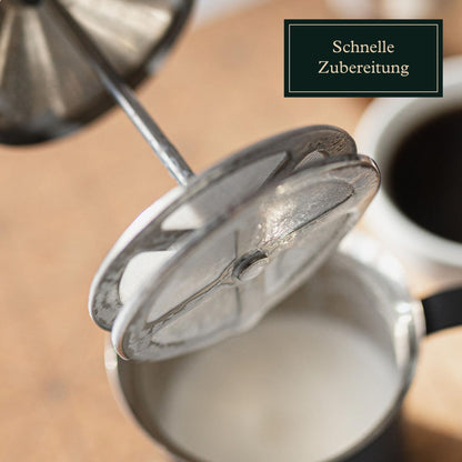 VIENESSO Hand Milk Frother manually made of stainless steel with double mesh sieve I milk frother for creamy milk foam for coffee specialties, Milk Frother including Barista E-Book (400 ml)