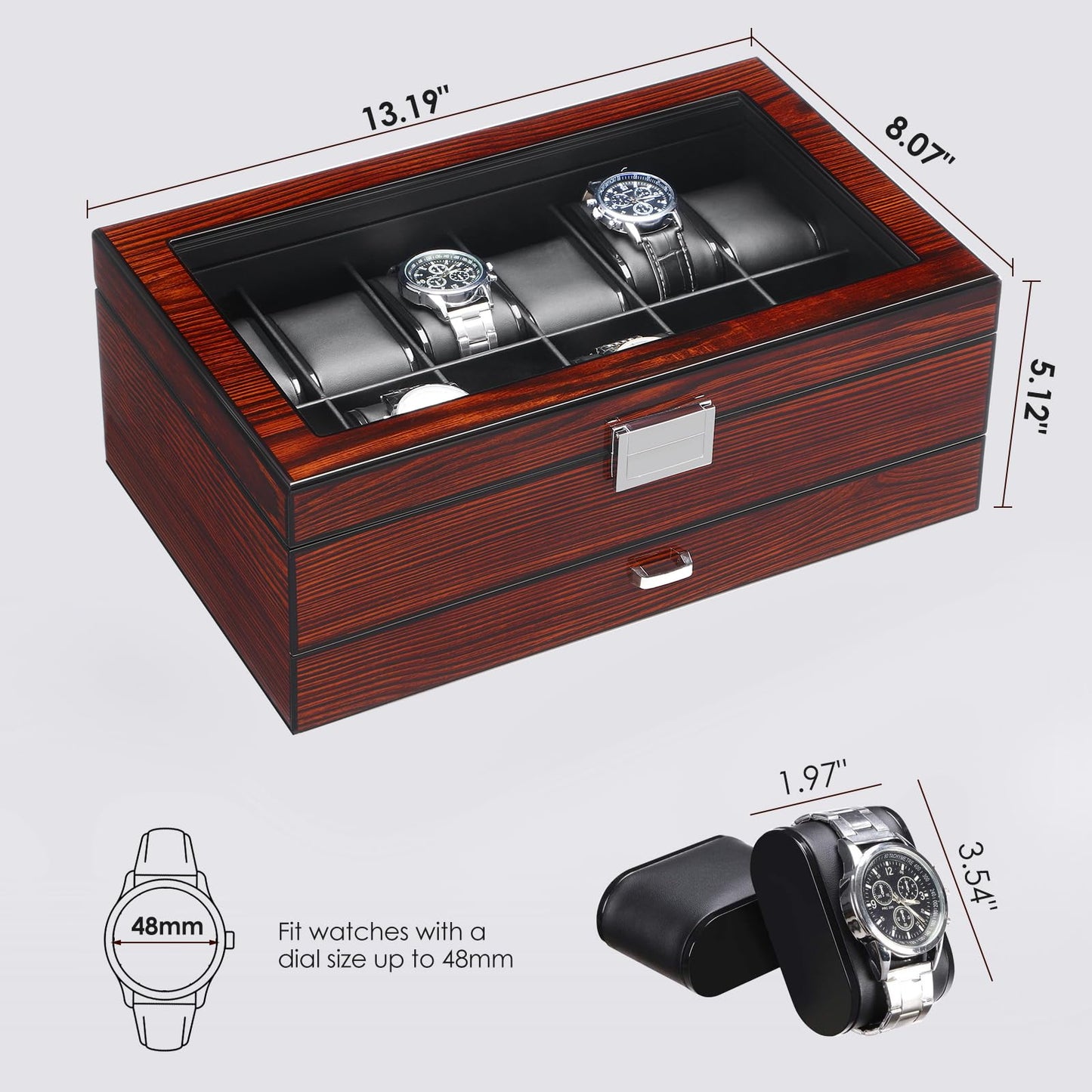 BEWISHOME 12 Watch Box with Tray Drawer, Luxury Men's Watch Case, Watch Storage with Genuine Glass Lid, Metal Hinge, Watch Storage Box, Watch Box, Brown, ESSH02Y