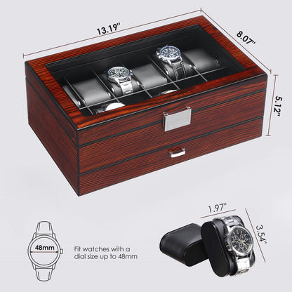 BEWISHOME 12 Watch Box with Tray Drawer, Luxury Men's Watch Case, Watch Storage with Genuine Glass Lid, Metal Hinge, Watch Storage Box, Watch Box, Brown, ESSH02Y