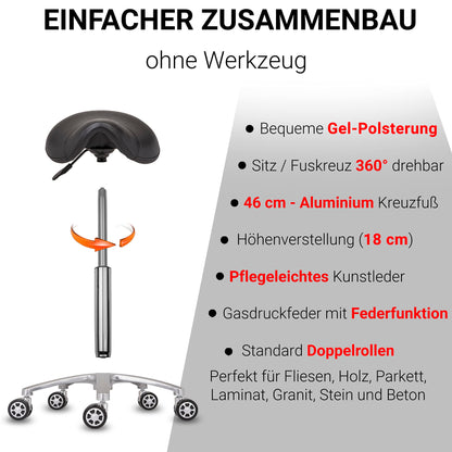 Staboos Rolling Stool up to 160 kg - Saddle Seat with Gel Cushion - Practice Stool with Wheels - Height-Adjustable Swivel Stool (55 cm to 75 cm) Saddle Stool