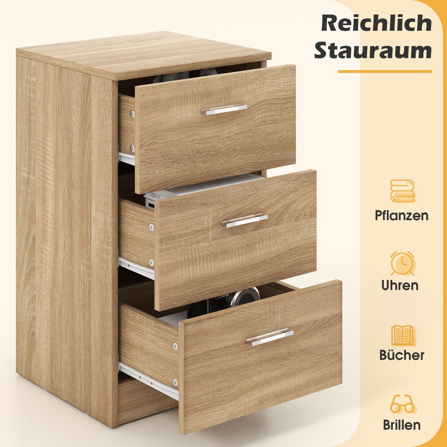 COSTWAY bedside table with 3 drawers, nightstand for boxspring bed, nightstand, night console, side table for bedroom, living room, 38 x 35 x 66 cm, natural