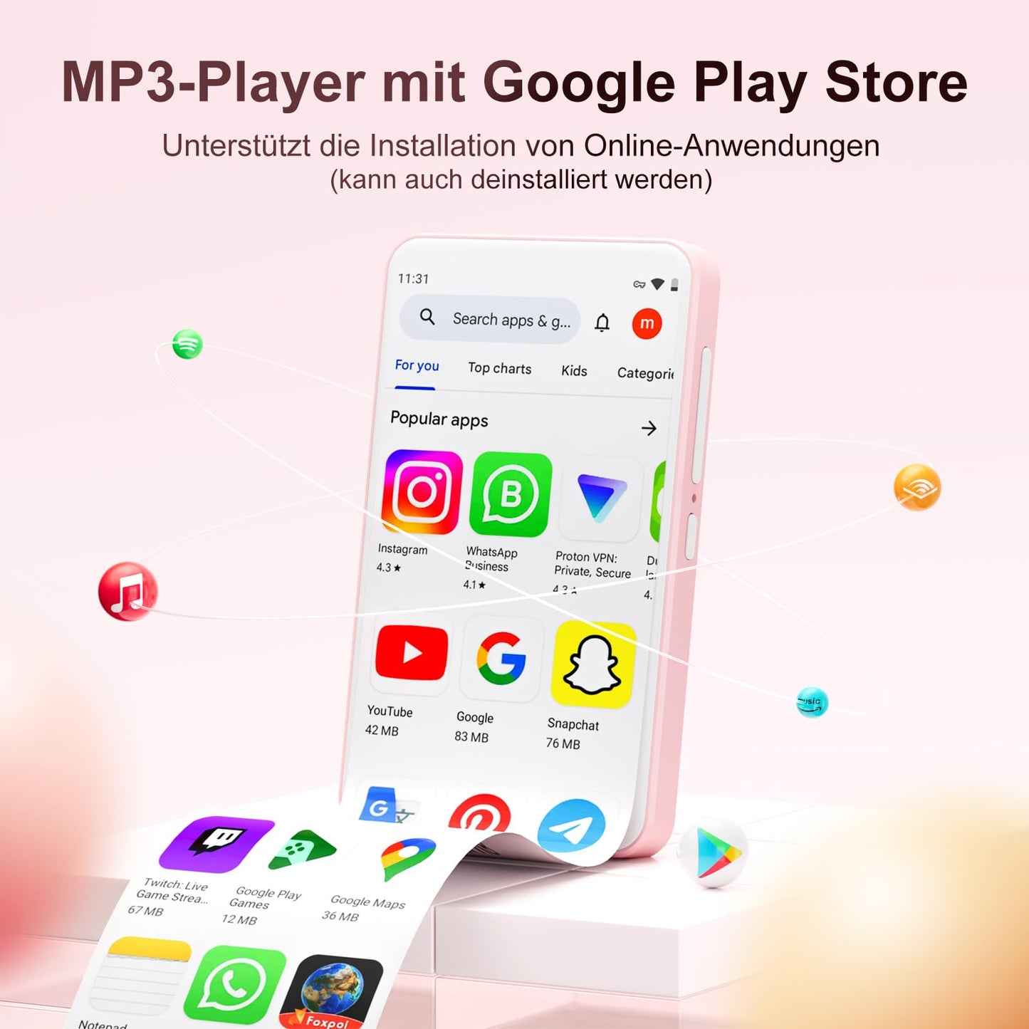 80GB MP3 player with Bluetooth and WLAN, MP3 & MP4 music player, Oilsky 4 inch 1080P touchscreen video player, portable Android Spotify player with Play Store app (Pink)