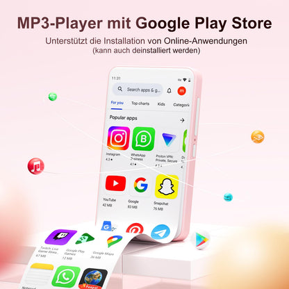80GB MP3 player with Bluetooth and WLAN, MP3 & MP4 music player, Oilsky 4 inch 1080P touchscreen video player, portable Android Spotify player with Play Store app (Pink)