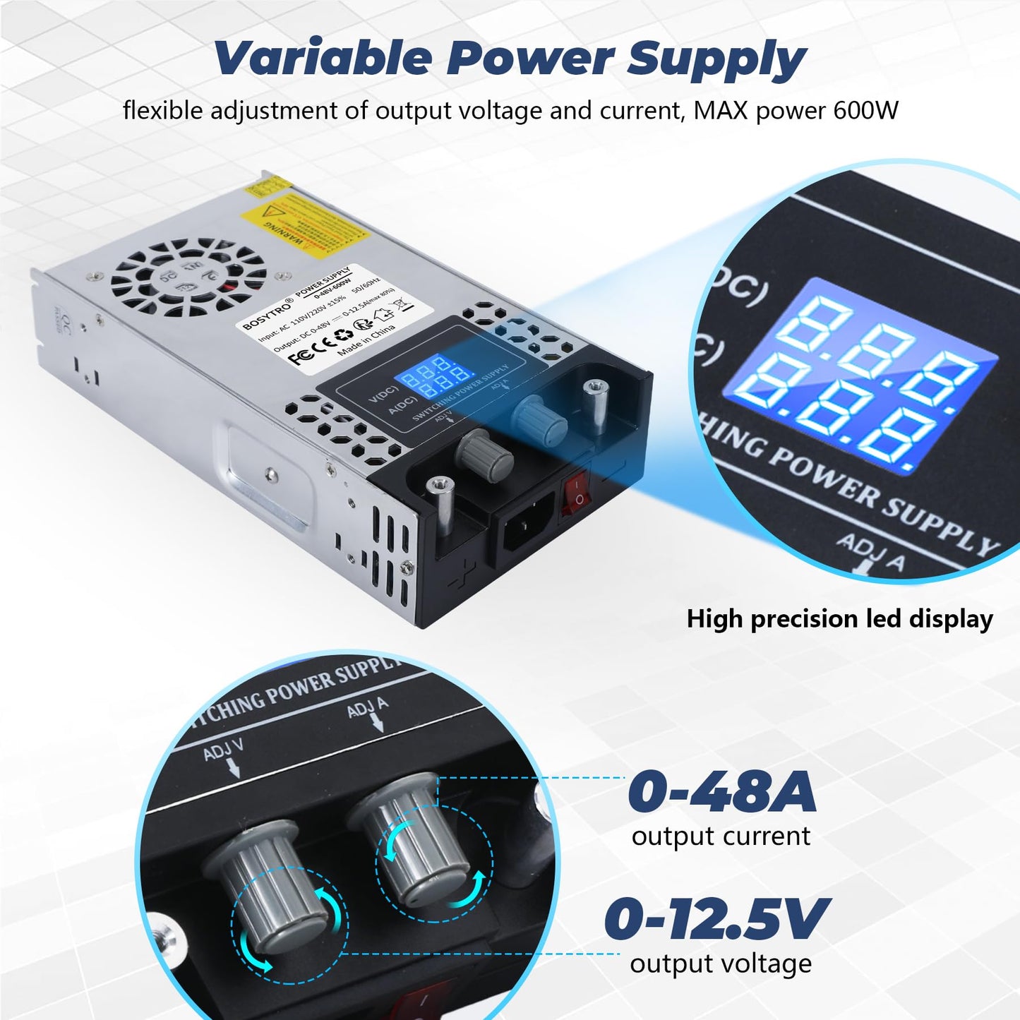BOSYTRO Adjustable Power Supply 0-48V 0-12.5A 600W Switching Power Supply Transformer Power Supply 230v to 48v SMPS for LED strips, CCTV, 3D printers, radio, camera, lab power supply.