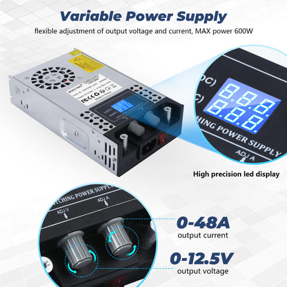 BOSYTRO Adjustable Power Supply 0-48V 0-12.5A 600W Switching Power Supply Transformer Power Supply 230v to 48v SMPS for LED strips, CCTV, 3D printers, radio, camera, lab power supply.