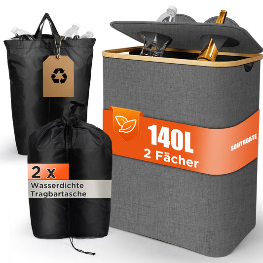 SOUTHGATE 140L deposit bottle collection bin with lid, collapsible container for empties & glass with 2 compartments & XXL carrying bags, 100% recyclable storage box, for shared flats, large families, parties.
