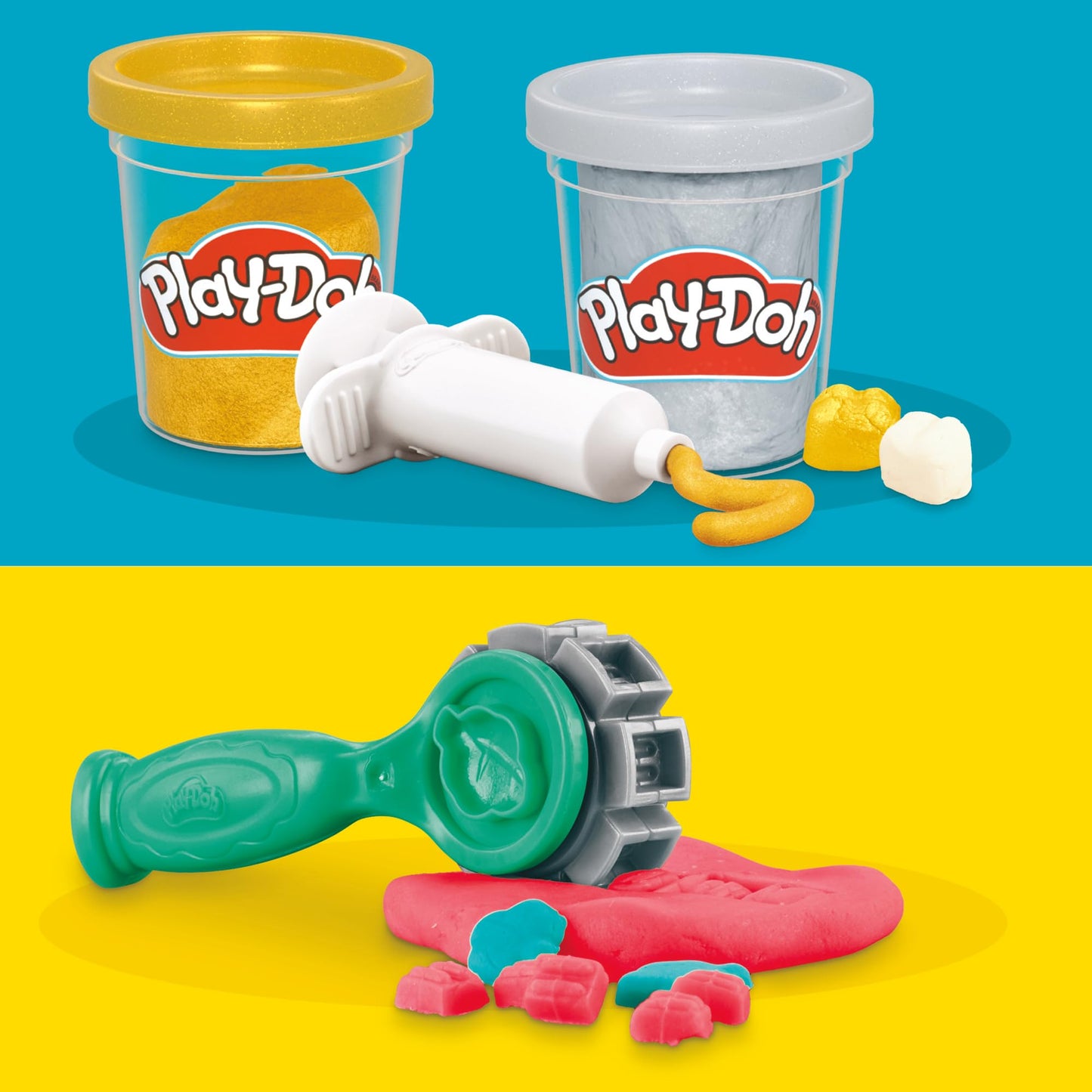 Play-Doh Dentist Dr. Wackelzahn Craft Set with 8 x 56g Tubs and 10 tools for shaping, with cavity clay and metallic clay, creative fun for kids.