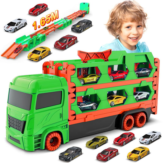 VATOS Transport Truck Toy Cars for boys aged 3, 4, 5, 6 years old, portable race track truck toy car with 6 race cars, transporter vehicle toy set for kids.