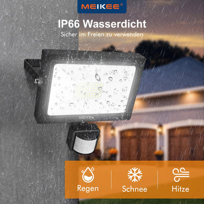 MEIKEE 60W LED floodlight with motion sensor, remote control, 5200LM super bright 6500K daylight white LED spotlight. IP66 waterproof with adjustable brightness and timing function. Perfect for garden, garage, yard.