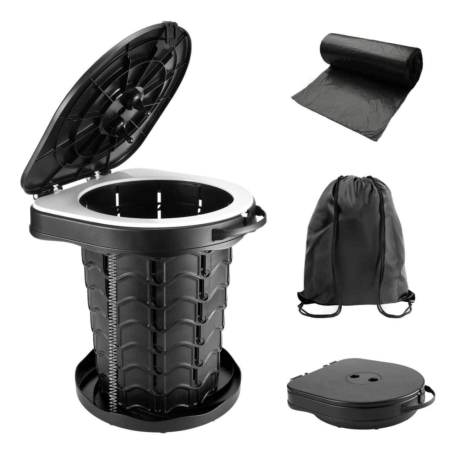 Upgraded camping toilet foldable with spring, includes lid and 10 trash bags. Ideal for camping, hiking, fishing, and parties. Supports up to 180kg.
