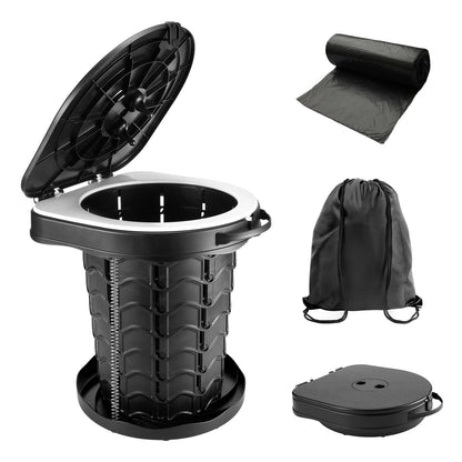Upgraded camping toilet foldable with spring, includes lid and 10 trash bags. Ideal for camping, hiking, fishing, and parties. Supports up to 180kg.