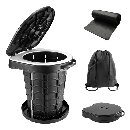 Upgraded camping toilet foldable with spring, includes lid and 10 trash bags. Ideal for camping, hiking, fishing, and parties. Supports up to 180kg.