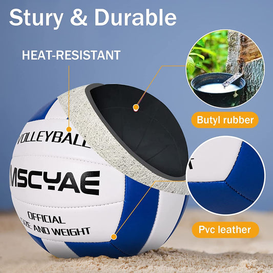 Size 5 official volleyballs for indoor or outdoor use. Soft touch beach volleyball in blue color perfect for beach, garden, or pool.
