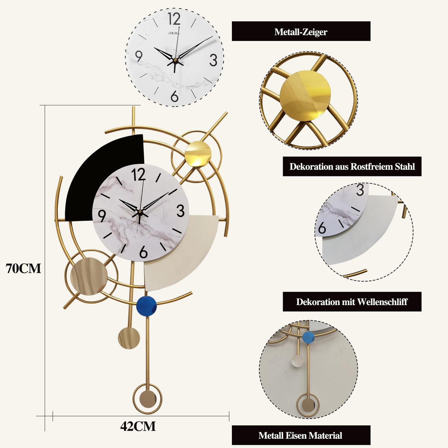 GERHWASH Large Wall Clock 70x42cm Silent - Modern design with Roman numerals, Black-Gold - Premium decoration for living room, bedroom & dining room wall clock