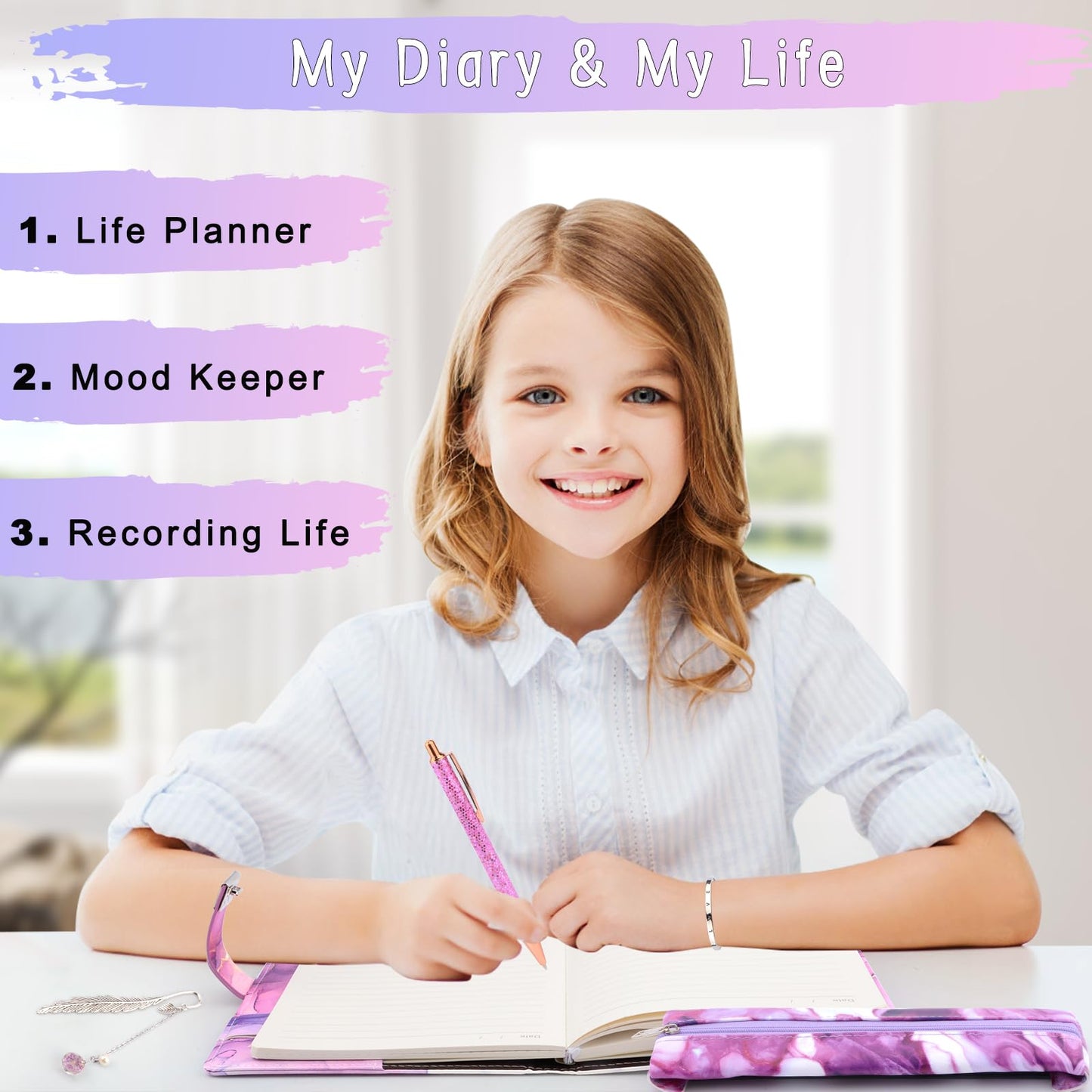 Gifts for girls 8 9 10 11 12 13 years, diary with lock girls, back to school birthday gifts girls age 7-14, notebook set with code school stationery pen pencil case enrollment