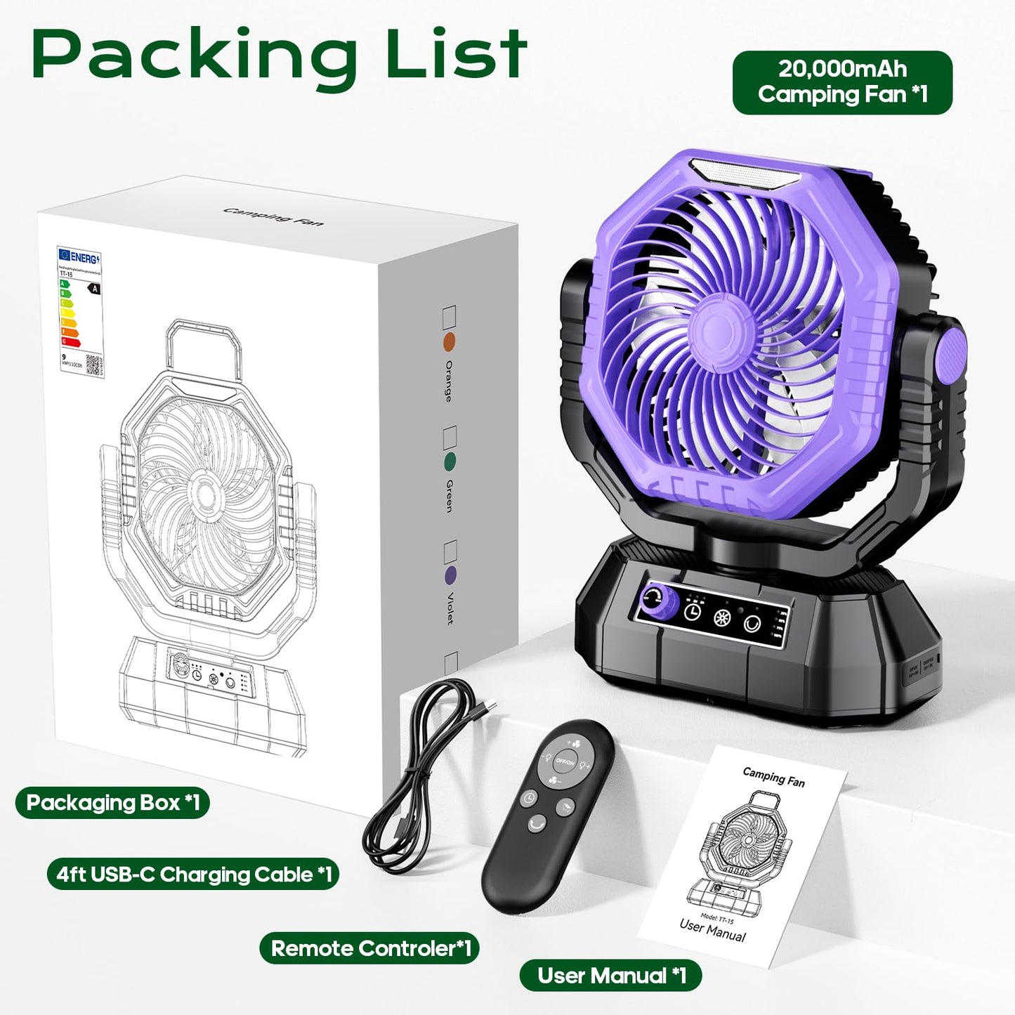 VTHW Camping Fan, 20000mAh Rechargeable Fan with LED Light & Hook, 270° Rotation, Stepless Speed, Timer Mode, USB Desk Fan for Indoor Outdoor (Purple)