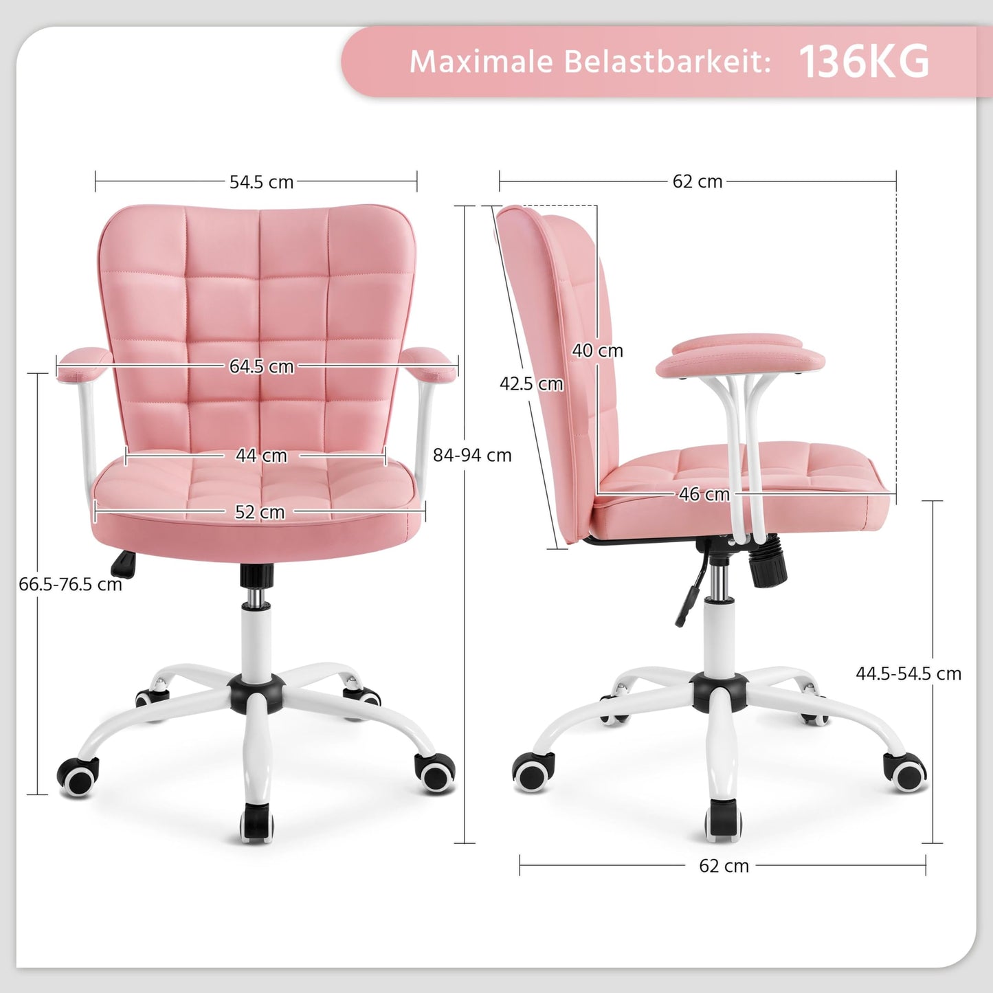 Yaheetech Homeoffice Chair Desk Chair Office Chair Work Chair made of artificial leather, swivel chair with soft armrests, height-adjustable padded chair computer chair with casters, pink
