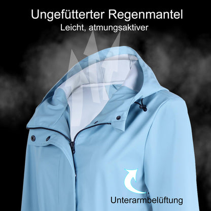 Women's waterproof raincoat, breathable rain jacket, long windbreaker, lightweight transitional jacket, Friesian summer coat, blue, size 38.