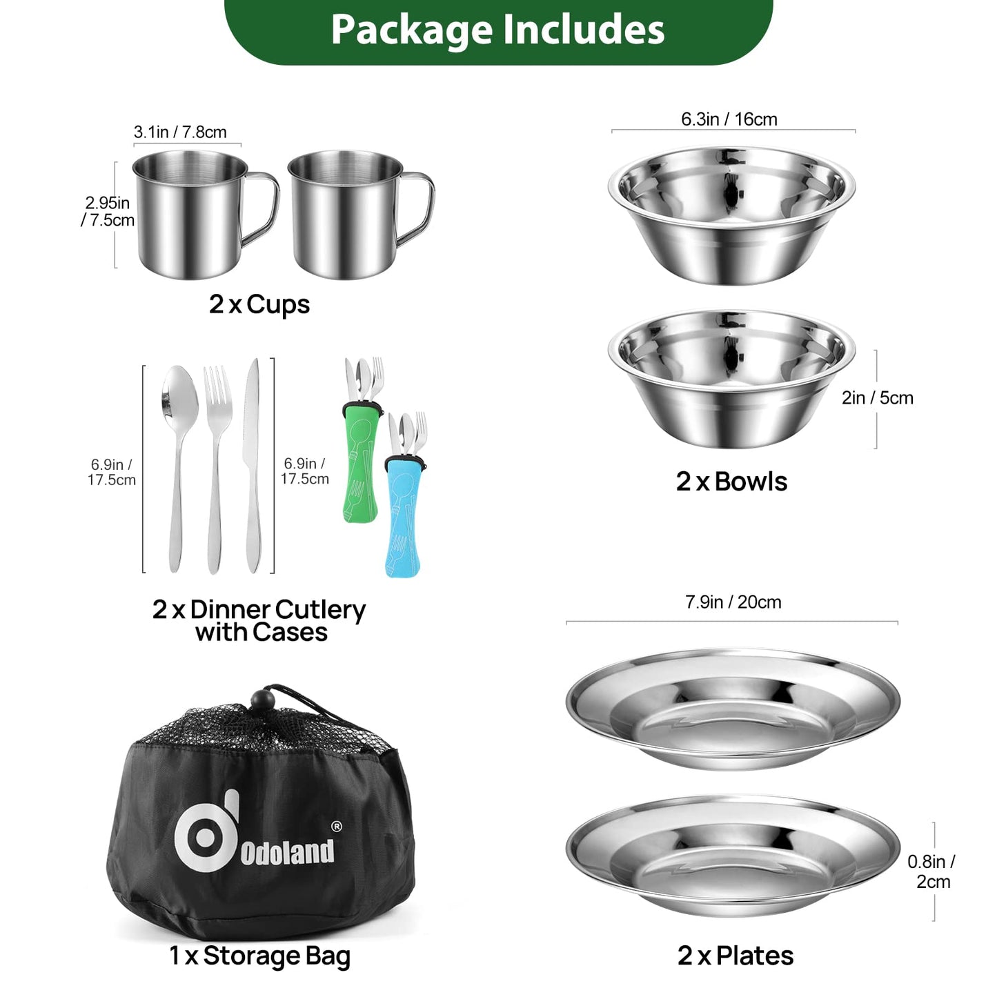 Odoland Camping Cutlery Set, outdoor utensils made of stainless steel for 2 people. Foldable utensils with plate and cup. Ideal for outdoor cooking, traveling, hiking, and camping.