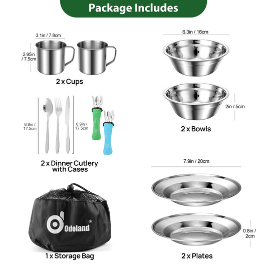 Odoland Camping Cutlery Set, outdoor utensils made of stainless steel for 2 people. Foldable utensils with plate and cup. Ideal for outdoor cooking, traveling, hiking, and camping.