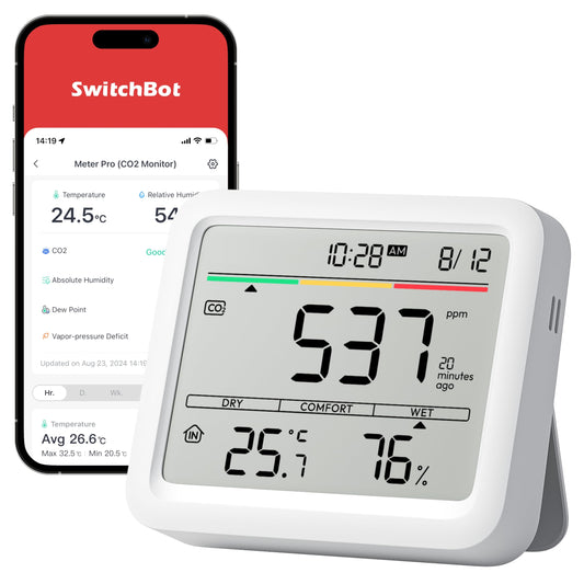 SwitchBot CO2 monitor, CO2 meter with thermometer hygrometer, indoor air quality monitor with CO2 alarm, Bluetooth CO2 sensor with app, 2-year data storage, hub required.