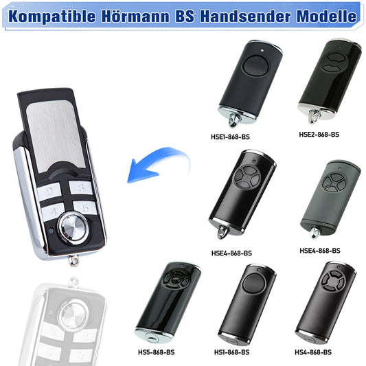 2 pieces garage door opener remote control compatible with Hörmann transmitters HSM4 HSE2 HS1 HS4 HSZ1 HSZ2 868 BS for Hörmann BiSecur SupraMatic ProMatic RollMatic RotaMatic garage door openers.
