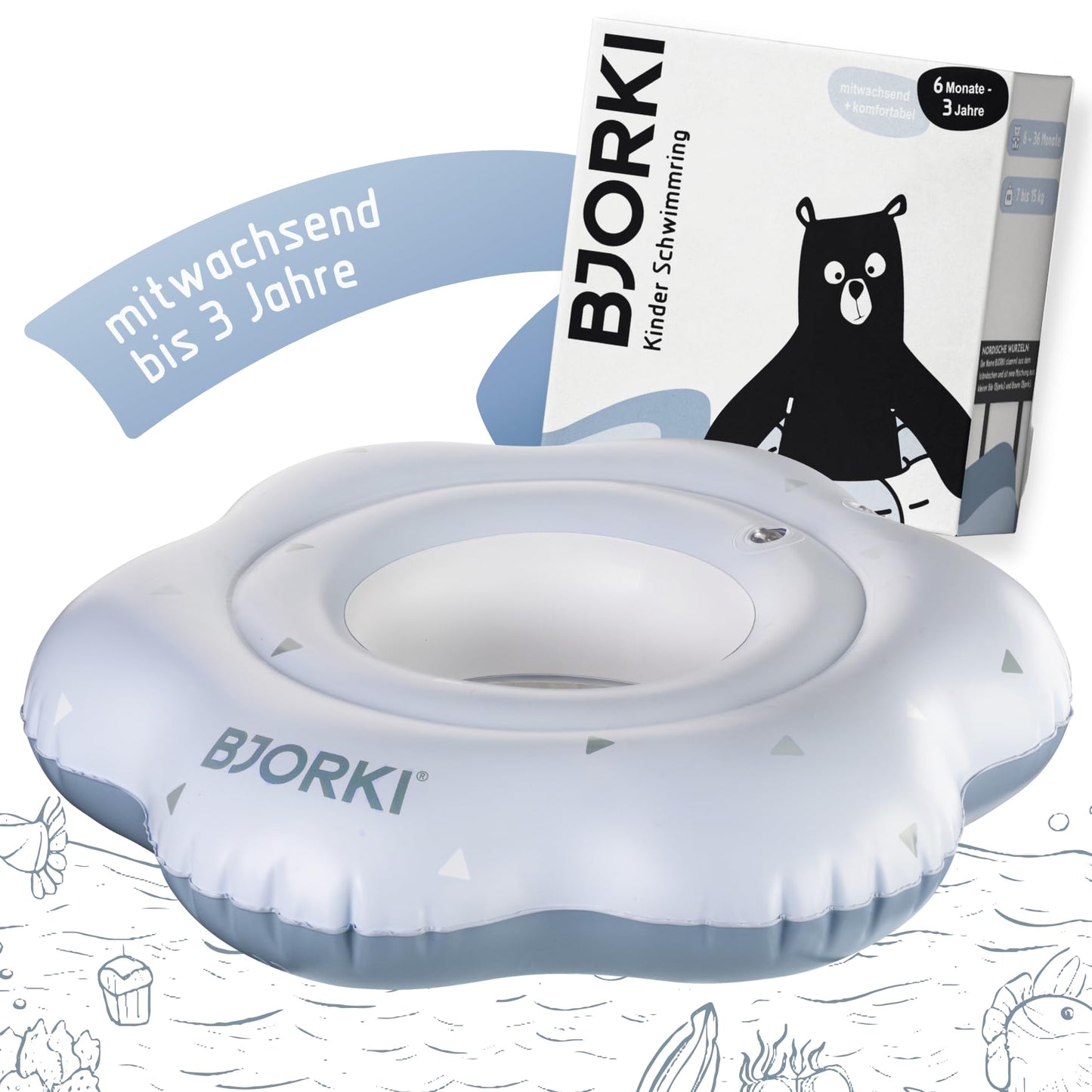 BJORKI® Baby Swim Ring - Adjustable swim aid for babies from 6 months to 3 years - Sturdy float ring for babies from 6 months old - Perfect swim trainer to promote motor skills