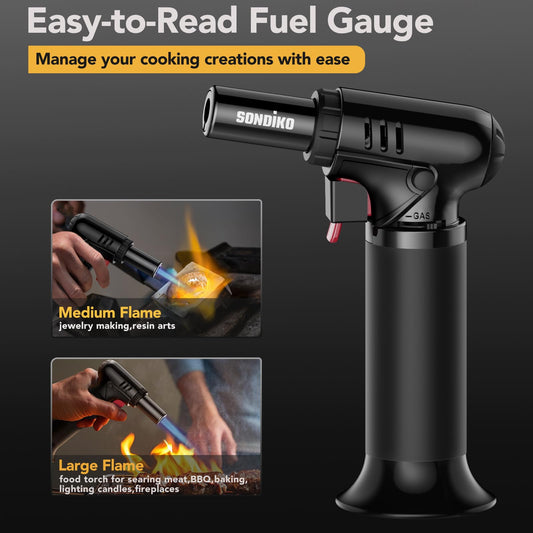 Sondiko Flambé Torch with Fuel Gauge S907, Refillable Bunsen Burner for Kitchen, Pastry, Desserts, Camping (Butane not included)