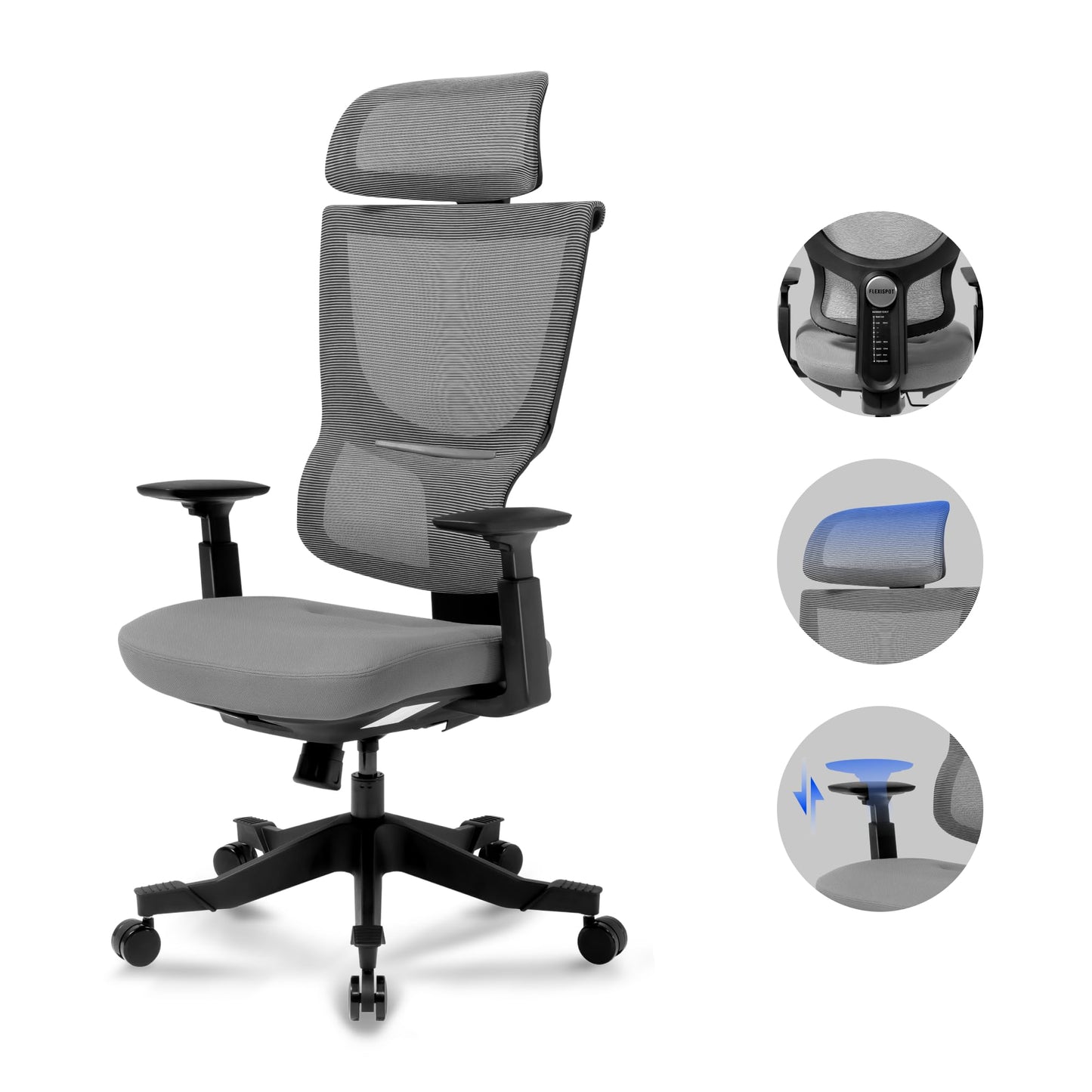 FLEXISPOT ergonomic office chair desk chair computer chair adjustable seat headrest 3D armrest lumbar support caster wheels task chair BS8G GRAY
